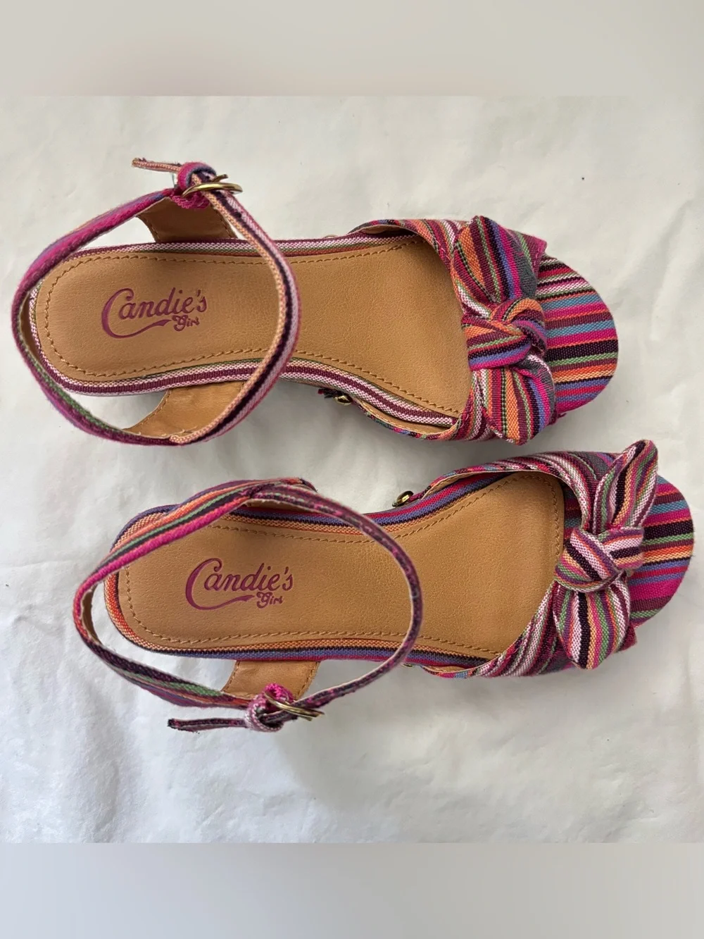 Candie's Pink Multi-Striped Ankle-Strap Wedge Sandals